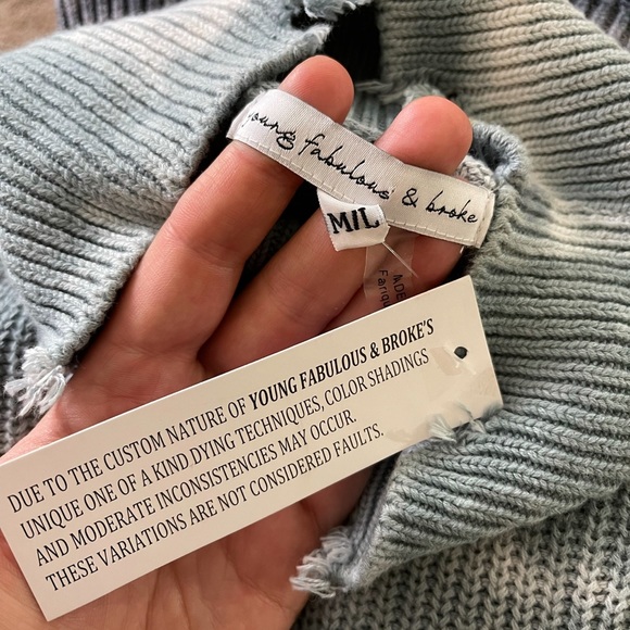 Young Fabulous & Broke Distressed Sweater Blue Tie Dye Oversized Mock Neck Tunic - Picture 10 of 16